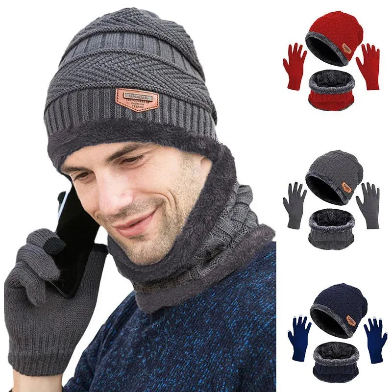 Three-in-One Winter Knitted Beanie Hat with Scarves & Touch Screen Gloves Set: Unisex Style, Windproof Thermal Fleece Cap, Ideal for Walking, Cycling, Outdoor  - Warm Gift for Everyone
